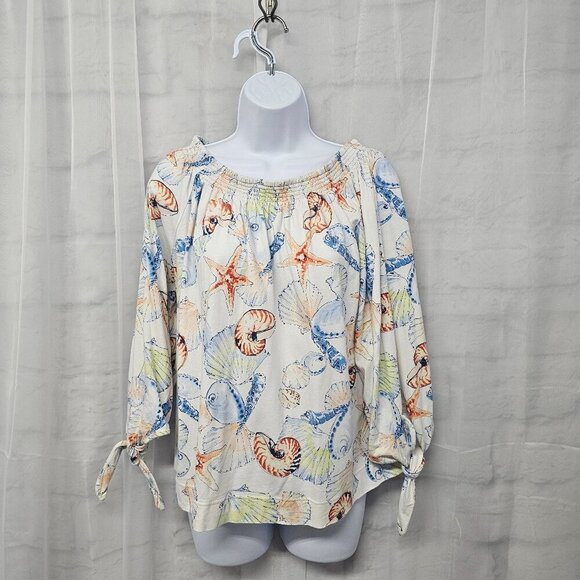 Chaps White Blue Seashell Blouse Beach Tropical L - Picture 1 of 11